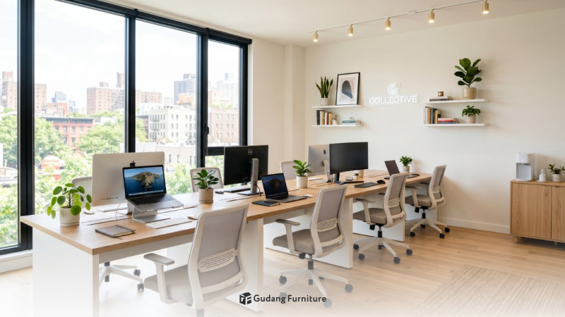 Tim startup bekerja di kantor baru dengan suasana minimalis dan nyaman