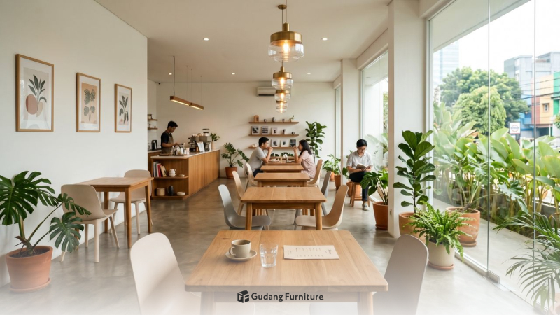 Setup kafe estetik dengan meja dan kursi dari layanan sewa furniture
