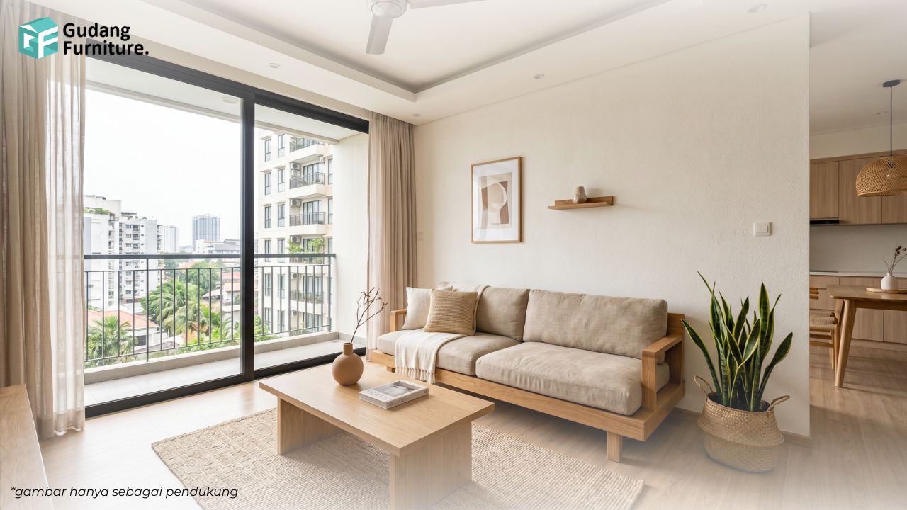 Ruang tamu bergaya Japandi dengan furniture kayu natural dan palet warna netral Ruang tamu bergaya Japandi dengan furniture kayu natural dan palet warna netral