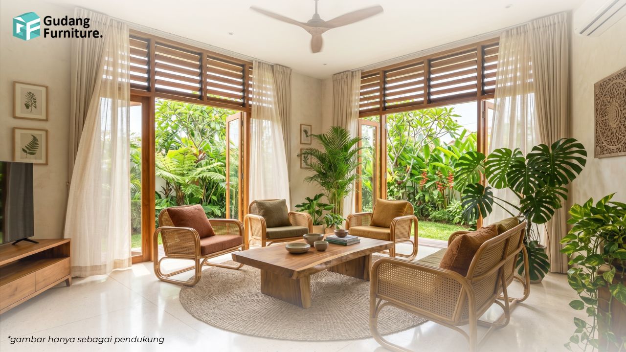 Ruang keluarga Tropical Modern dengan elemen kayu, rotan, dan tanaman hijau tropis Ruang keluarga Tropical Modern dengan elemen kayu, rotan, dan tanaman hijau tropis