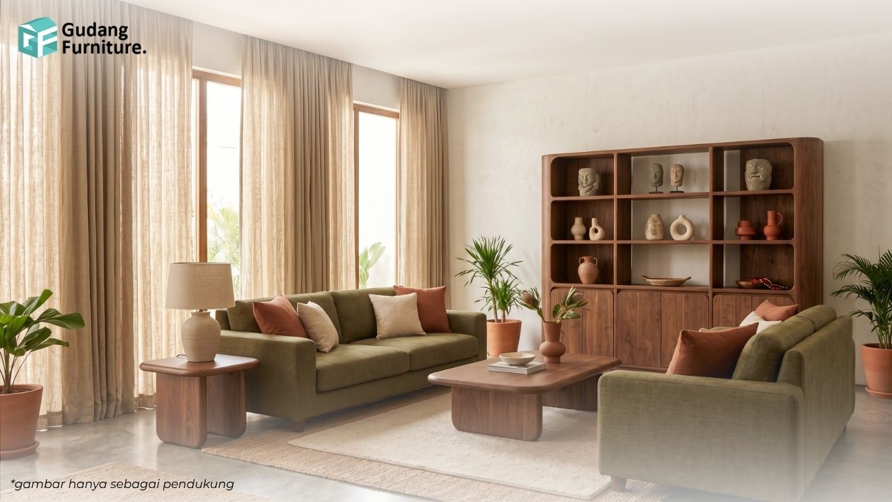 Ruang keluarga Tropical Modern dengan elemen kayu, rotan, dan tanaman hijau tropis Ruang keluarga Tropical Modern dengan elemen kayu, rotan, dan tanaman hijau tropis