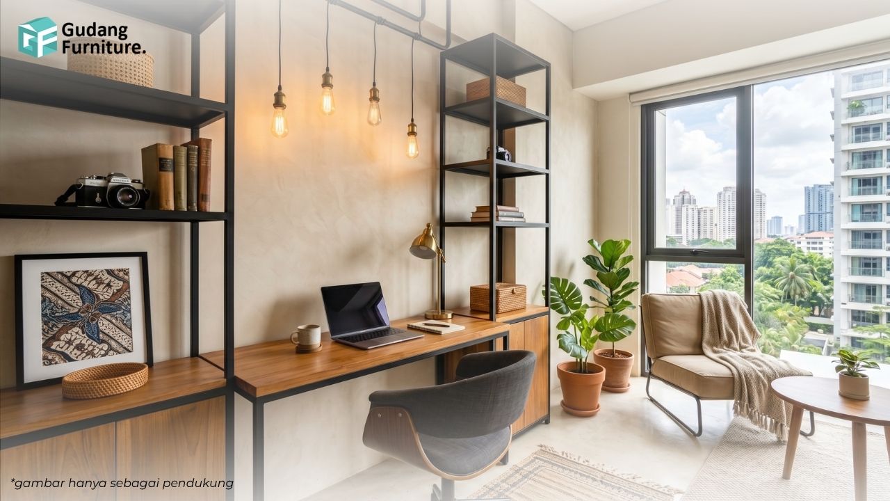 Ruang kerja bergaya Industrial Soft dengan aksen metal dan warna netral hangat Ruang kerja bergaya Industrial Soft dengan aksen metal dan warna netral hangat
