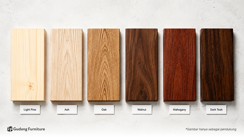 Berbagai jenis kayu solid dengan warna dan tekstur berbeda ditampilkan berdampingan untuk perbandingan