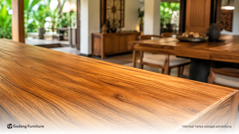 Detail serat kayu jati coklat keemasan yang halus dan khas untuk furniture premium
