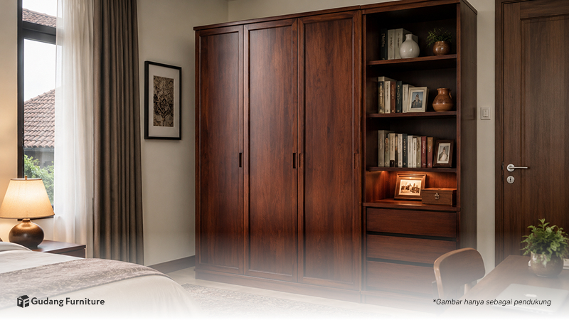 Detail serat kayu jati coklat keemasan yang halus dan khas untuk furniture premium