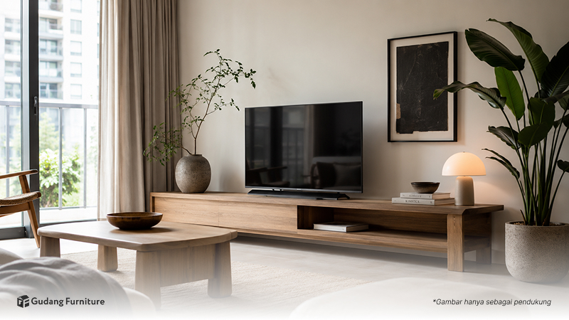 Furniture kayu mahoni dengan finishing natural di ruang tamu rumah modern Indonesia